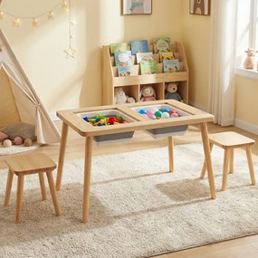 Mesa para crianças 3+ anos sensorial com bancos Superfícies duplas removíveis Baldes e pinho Natural e preto e branco