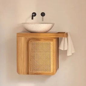 Conjunto De Móveis De Banheiro Suspensos Em Madeira De Teca Georgy Madeira De Teca & Cimento Redondo Branco Ø40 Cm Zavion & Sem Espelho & - Sklum