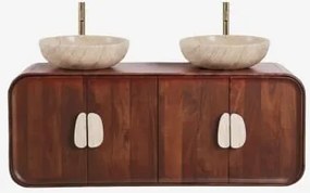 Conjunto De Móvel De Casa De Banho Dupla Suspensa 130x45 Cm Em Madeira De Manga E Pedra Natural Kivalina Travertino - Madeira De Mangueira Escura & -