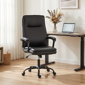 Cadeira de escritório ergonómica, cadeira de escritório em PU, altura ajustável, função de balanço, giratória a 360°, preta