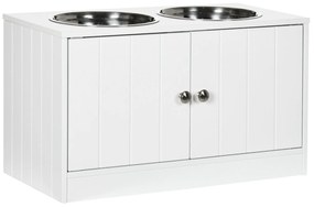 Comedouro Elevado para Cães Grandes com 2 Tigelas de 2000ml de Aço Inoxidável 2 Portas e Armazenamento 60x30x35,5cm Branco