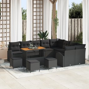 Conjunto de Sofás de Jardim vidaXL de 13 Peças com Almofadas Preto Polirattan Acácia
