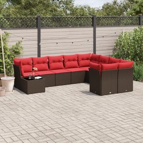 vidaXL 10 pcs conj. sofás jardim com almofadões vime PE castanho
