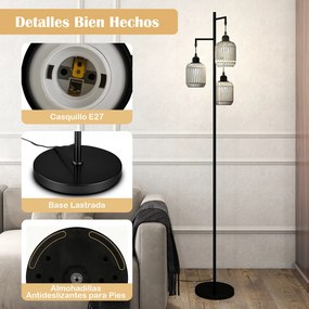 Candeeiro de pé vintage com 3 luzes 25x25x173 cm, abajur de papel tecido, interruptor de pedal, estrutura metálica, para sala, quarto ou escritório, p