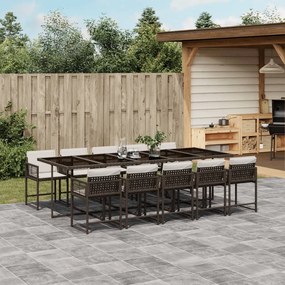 vidaXL 11 pcs conjunto jantar p/ jardim c/ almofadões vime PE castanho