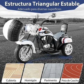 Moto estilo chopper Crianças a bateria 6V 91 x 48 x 64 cm com música, marcha à frente e atrás, experiência de condução realista Branca