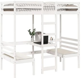 Cama alta c/ secretária/cadeiras 90x200 cm pinho maciço branco