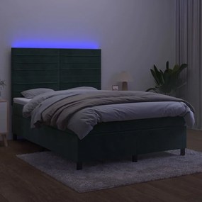 Cama box spring c/ colchão/LED 140x200 cm veludo verde-escuro