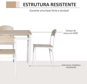 Conjunto de Mesa e Cadeiras de Refeição Mesa de Cozinha Retangular com 4 Cadeiras Estilo Moderno cor Carvalho e Branco