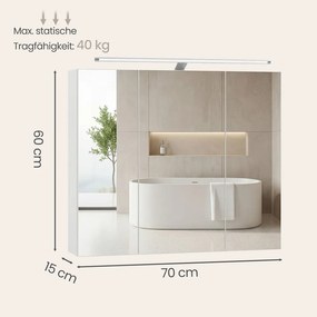 Armário casa banho com espelho 15 x 70 x 60 cm (P x L x A), armário suspenso com prateleiras ajustáveis, iluminação branco