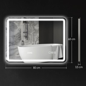 Espelho de Casa de Banho com Luz LED 80x60 cm Bluetooth 3 Cores de Luz Relógio Digital Função Antiembaciamento Memória Prata