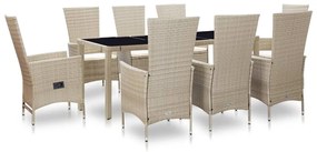 9 pcs conjunto jantar exterior com almofadões vime PE bege