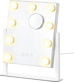 Espelho de maquilhagem 25 x 30 cm com iluminação e 9 lâmpadas LED, branco