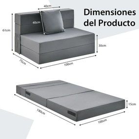 Sofá-cama de 3 seções com colchão dobrável de espuma de alta densidade com travesseiro capa lavável com fecho Cinzento Escuro