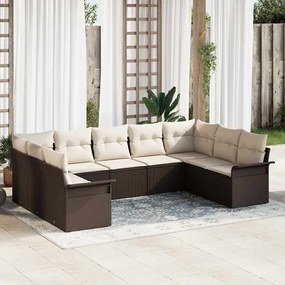 vidaXL Conjunto de Sofá de Jardim com 9 Peças e Almofadas Castanhas em Vime Poliéster