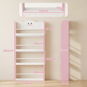 Estante de parede para crianças 60 x 12 x 108 cm, organizador de livros infantil de 4 níveis com tema de algodão doce, rosa