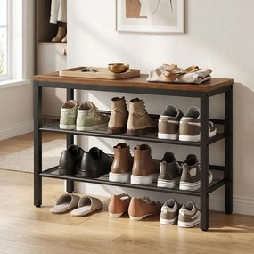 Sapateira com 3 níveis em estilo industrial 28 x 75 x 50 cm castanho-escuro e preto