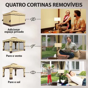 Pérgola de Jardim 3,7x3 m com Teto Duplo 4 Cortinas e Mosquiteira Estrutura em Aço Orifícios de Drenagem UV30+ Bege