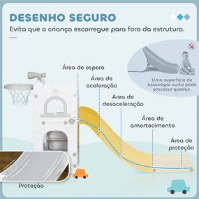 Escorrega Infantil 5 em 1 para Crianças com Cesto de Basquetebol Telescópio Escalador e Cesta Inferior 70x177x92 cm Branco e Cinza