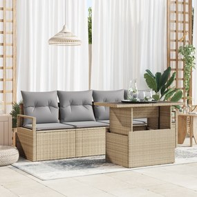 Conjunto de Sofá de Jardim de 5 Peças com Almofadas Bege Vime Poliéster