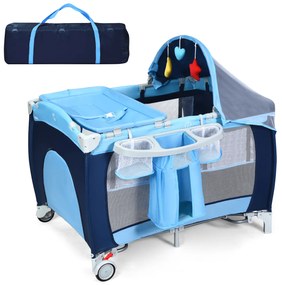 Berço 4 em 1 Dobrável para Crianças com Mudança de Mesa toldo de Rodas Lateral da Porta de Pendurar Brinquedos e Centro de Actividades Portáteis Azul