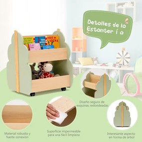 Estante de madeira para crianças com rodas Estante de brinquedos multifuncional de 2 níveis Organizador de livros 52 x 46 x 62,5 cm Verde