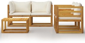 5 pcs conjunto lounge jardim c/ almofadões creme acácia maciça