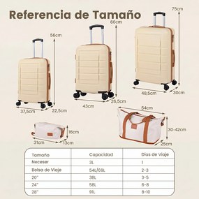 Conjunto de 5 malas rígidas em ABS com 3 tamanhos, pega telescópica, rodas duplas de 360°, fecho de segurança, expansível, bolsa de higiene e bolsa de