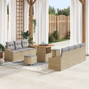 Conjunto de Sofás de Jardim vidaXL de 10 Peças com Almofadas Bege Rattan Poliéster Acácia