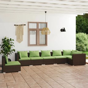 7 pcs conjunto lounge de jardim c/ almofadões vime PE castanho