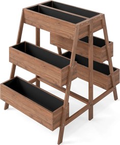 Floreira de jardim elevada de vários níveis em madeira com base de ripas e forro preto para interior e exterior castanho