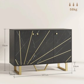 Aparador de Sala de Estar com 2 Armários e Prateleira Interior Ajustável com Efeito Mármore 107x35x75 cm Preto e Dourado