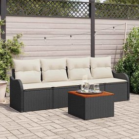 Conjunto de Sofá de Jardim vidaXL de 5 Peças com Almofadas Rattan Preto Acácia