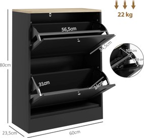 Sapateira, Armário para sapatos com capacidade para 12 pares, móvel de entrada com 2 gavetas rebatíveis e prateleiras ajustáveis, 60 x 23,5 x 80 cm, p