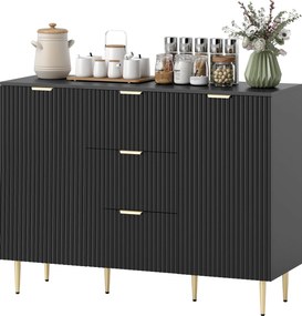 Aparador de sala ou cozinha com 3 gavetas 120 x 40 x 90 cm, prateleiras ajustáveis, armários com portas caneladas, preto