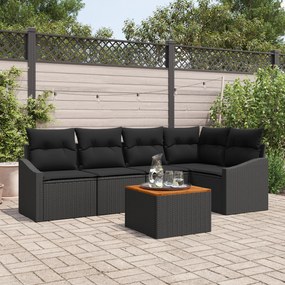 Conjunto de Sofá de Jardim com 6 Peças com Almofadas Preto Rattan Poli