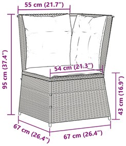 Sofá de canto para jardim com almofadões vime PE cinzento