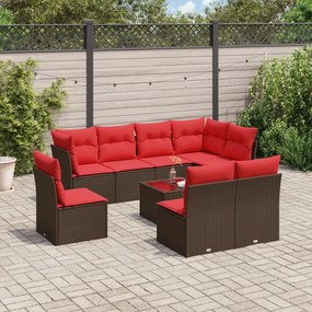 vidaXL 9 pcs conjunto sofás p/ jardim c/ almofadões vime PE castanho