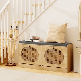 Banco Sapateira 101,5 x 24 x 48 cm de Rattan com 2 Gavetas Rebatíveis e Prateleiras Ajustáveis Almofada de Assento Acolchoada para Corredor Natural
