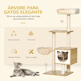 Árvore Arranhador para Gatos com Plataforma Rede Caverna Cama Postes de Sisal e Bolas de Brincar 48x40x126 cm Bege