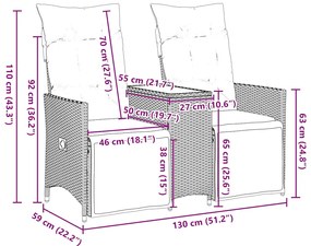 Sofá de jardim reclinável de 2 lugares com Mesa em vime sintético cinz