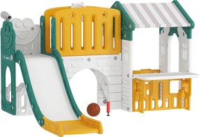 Escorrega Infantil 7 em 1 com Casinha para Crianças com Aro de Basquetebol Túnel Quadro Telescópio 189x180x111 cm Amarelo e Verde