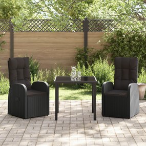 Conjunto de Jantar de Jardim com 3 Peças com Almofadas Preto Rattan Po
