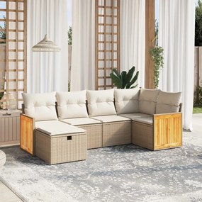 6 pcs conjunto de sofás p/ jardim com almofadões vime PE bege