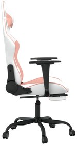Cadeira gaming com apoio p/ pés couro artificial branco e rosa
