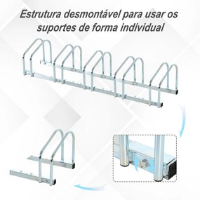 Estacionamento para 5 Bicicletas Suporte de Aço para Estacionar Bicicletas no Chão para Interior e Exterior 145x33x27cm Prata