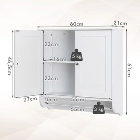 Armário de parede para casa de banho com 2 portas, barra de toalha, prateleira ajustável, organizador de armazenamento de cozinha 60 x 21 x 61 cm Bran