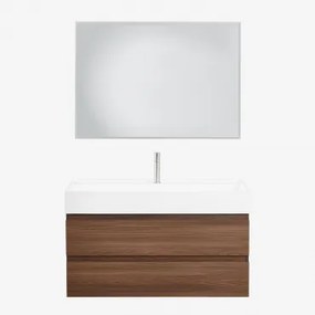 Conjunto De Móvel De Casa De Banho Suspenso Em Madeira E Folha De Freixo Com Lavatório Integrado Ona Led Retangular E Anti-embaciamento 100x70 Cm Ribe