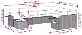 10 pcs conj. sofás jardim com almofadões vime PE cinzento-claro