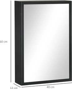 Armário de casa de banho com espelho 40 x 12 x 60 cm, armário de parede, armário com espelho com 1 porta e 2 prateleiras em aço, preto
